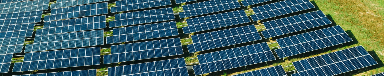 Multiple solar panels on a grass area.